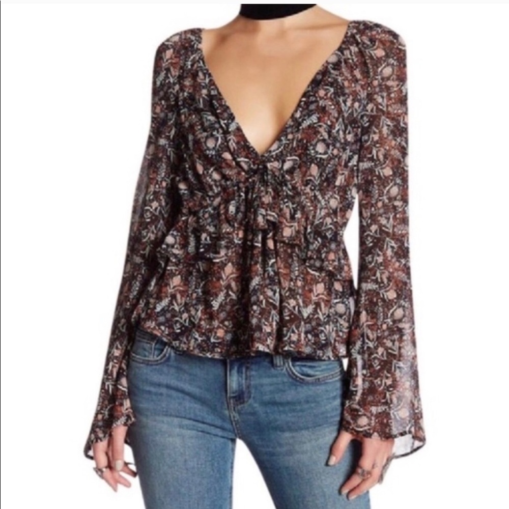 Free People Floral Bell Sleeve Top